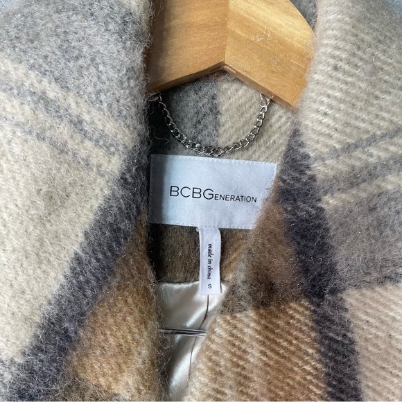 BCBGeneration Wool Belted Plaid Wrap Coat Tan Cream Winter Peacoat Small New - Picture 14 of 16